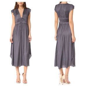 Ulla Johnson Midnight Gray Kaiya Satin Pleated Ruffle Midi Dress Size 8
